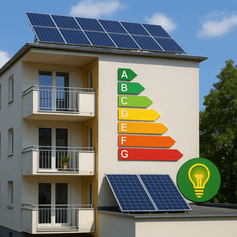 Edificio condominiale con pannelli solari e scala di efficienza energetica sulla facciata