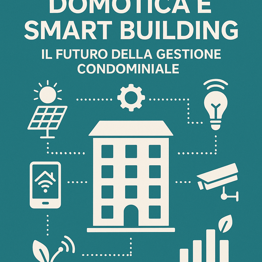 Icone di tecnologie smart attorno a un condominio con testo “Domotica e Smart Building”
